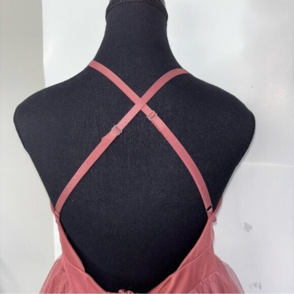 HAUTE MONDE PLUNGING-V CRISSCROSS OPEN BACK TULLE DRESS L DEEP ROSE FAIRYCORE - Picture 9 of 11